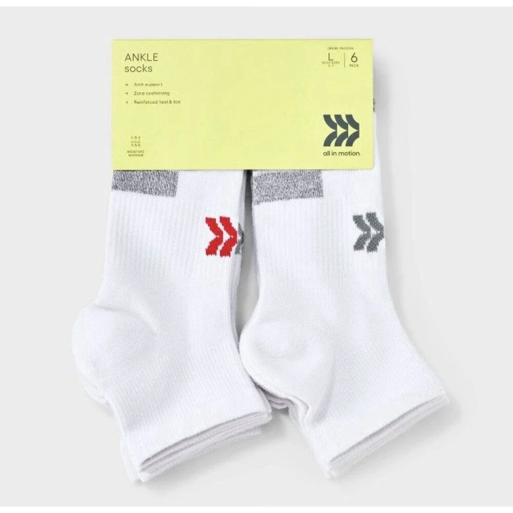 Kids' 6pk Ankle Length Socks All In Motion Large Sizes 3-7 Arch Support Cushion